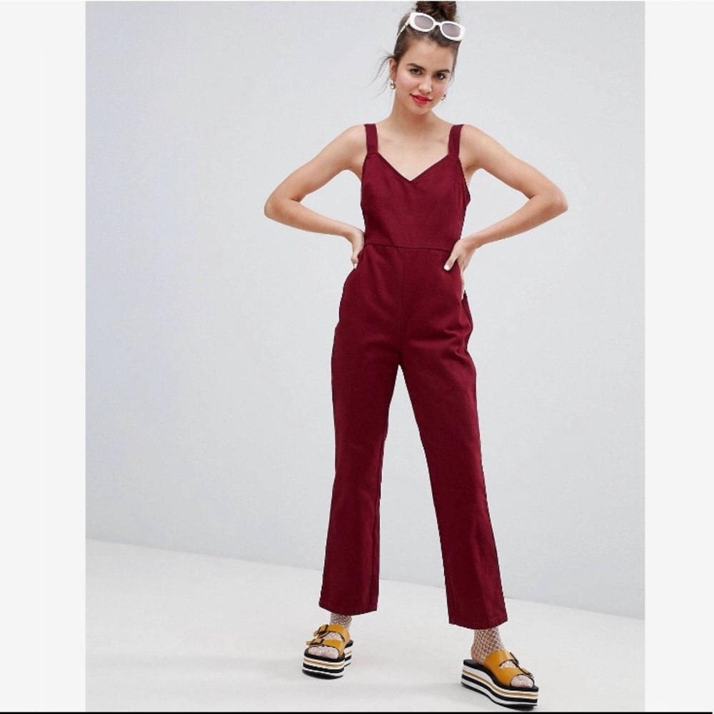ASOS Denim Kickflare Jumpsuit Red